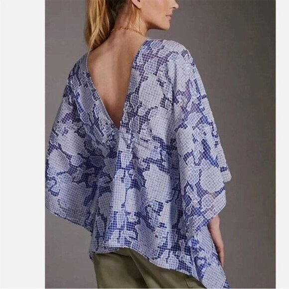 ANTHROPOLOGIE Tie Front Blue Floral Gingham Caftan One Size NEW - Picture 8 of 8